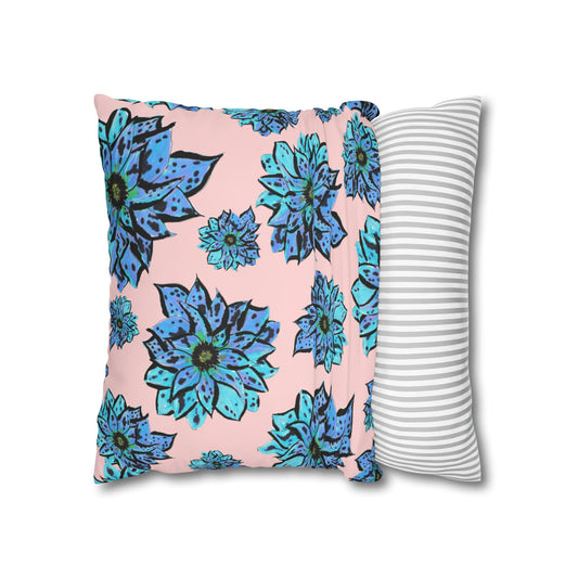 Blue Dahlia Pillowcase — Floral Pink Poly Canvas Square Throw Pillow Cover