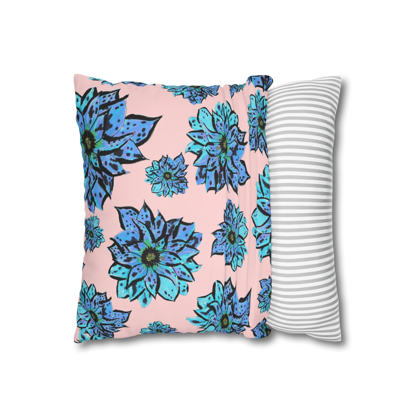 Blue Dahlia Pillowcase — Floral Pink Poly Canvas Square Throw Pillow Cover