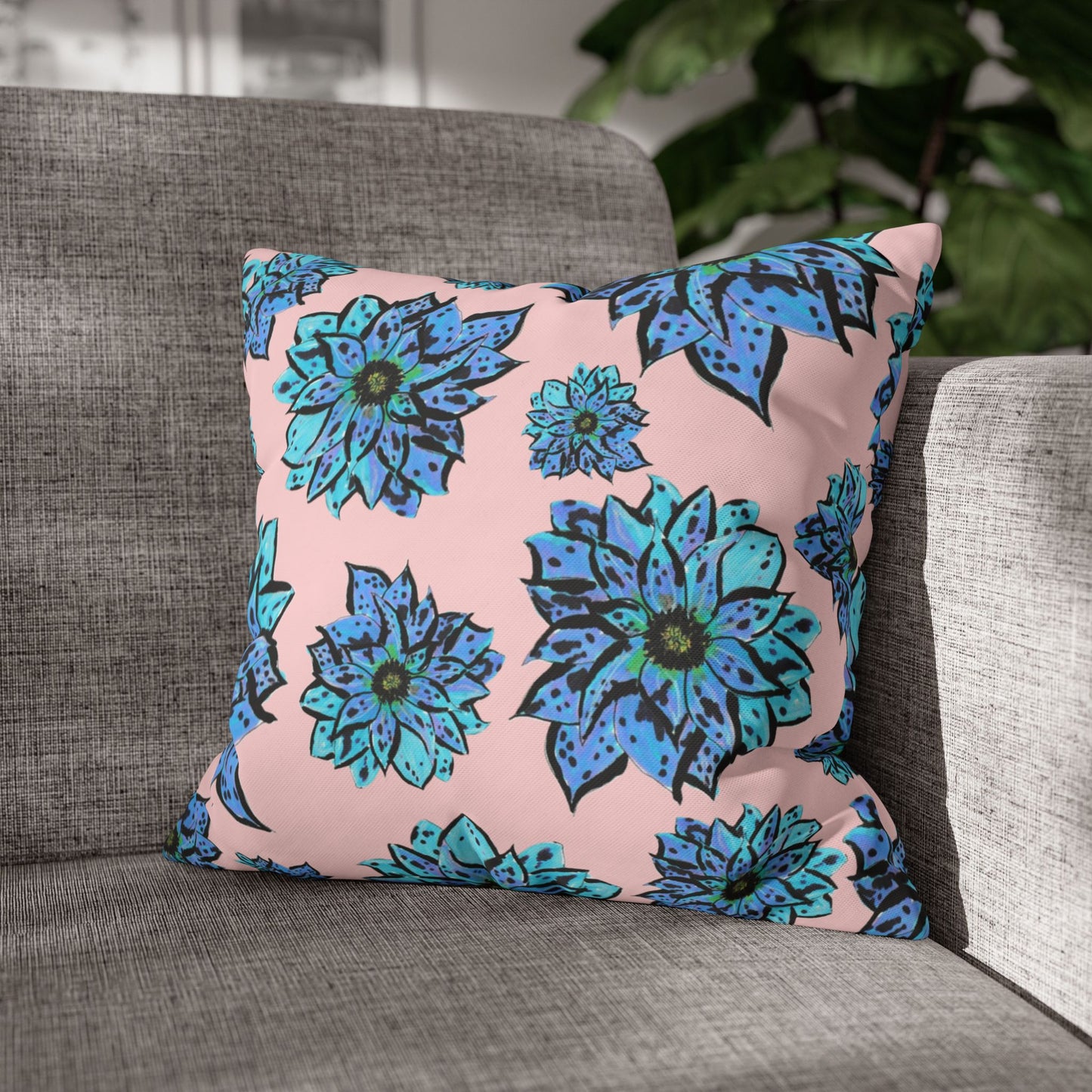 Blue Dahlia Pillowcase — Floral Pink Poly Canvas Square Throw Pillow Cover