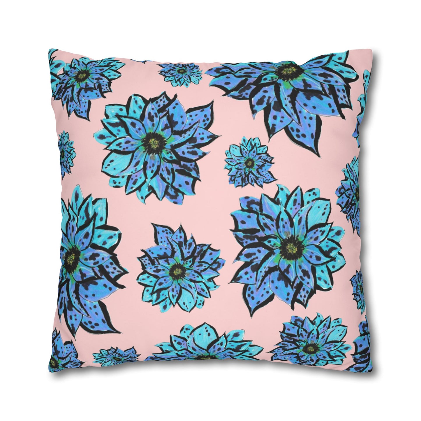Blue Dahlia Pillowcase — Floral Pink Poly Canvas Square Throw Pillow Cover