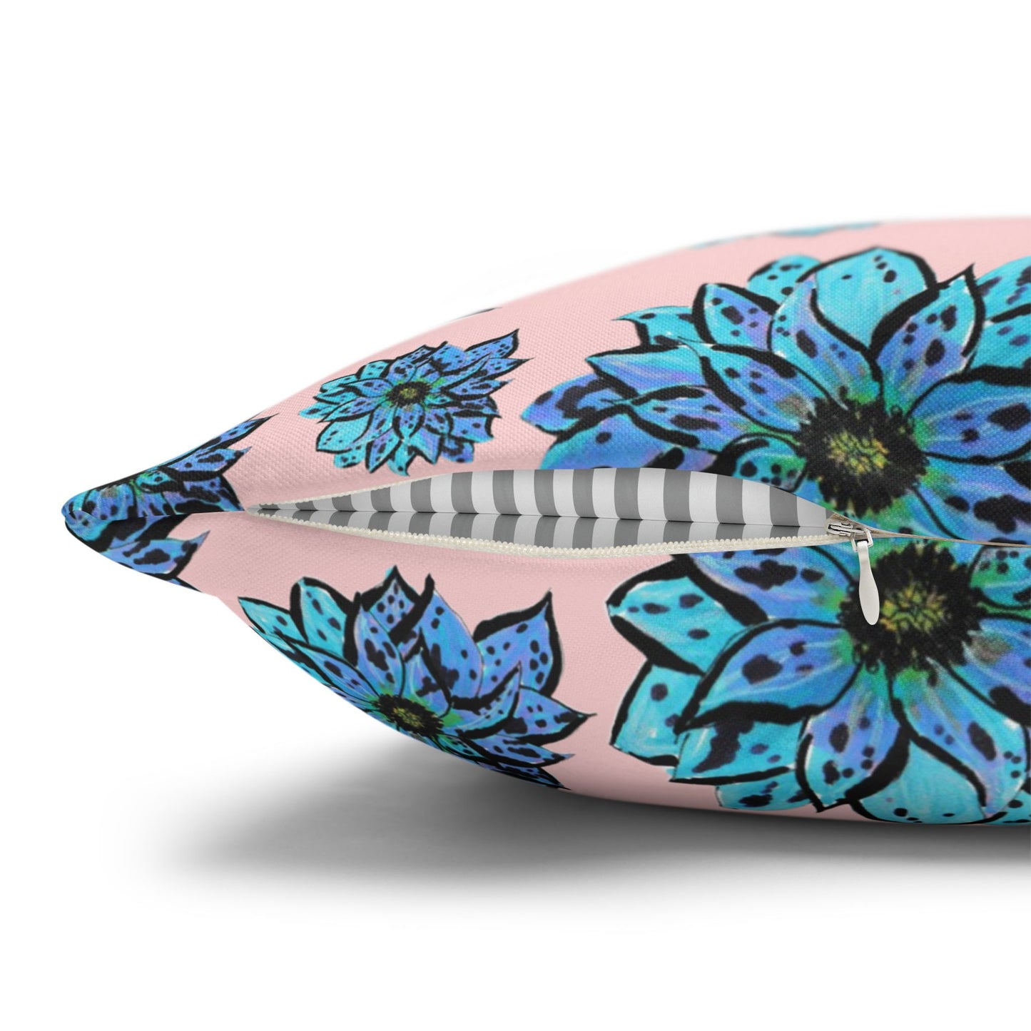 Blue Dahlia Pillowcase — Floral Pink Poly Canvas Square Throw Pillow Cover