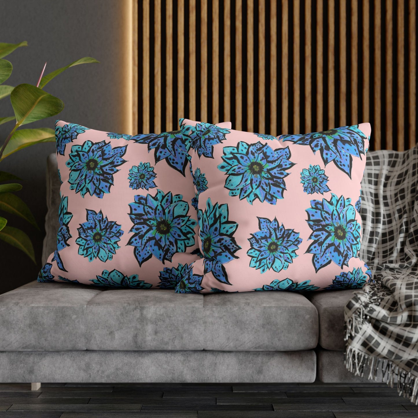 Blue Dahlia Pillowcase — Floral Pink Poly Canvas Square Throw Pillow Cover