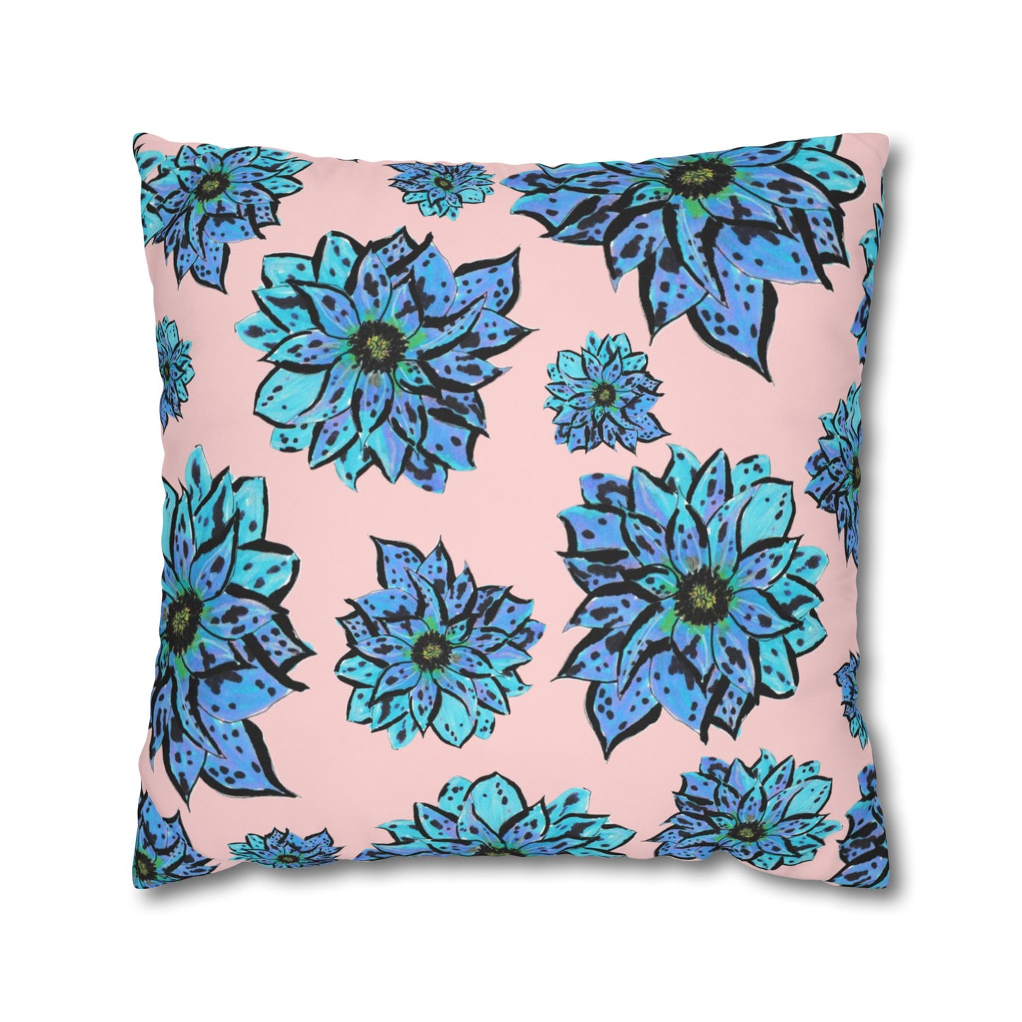 Blue Dahlia Pillowcase — Floral Pink Poly Canvas Square Throw Pillow Cover