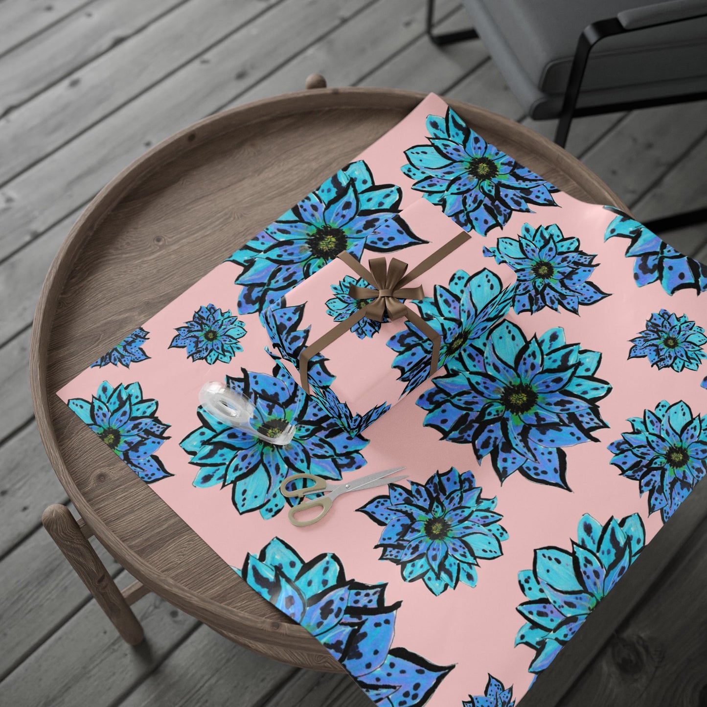 Blue Dahlia Wrapping Paper — Pink Background Gift Wrap for Birthdays & Mother's Day
