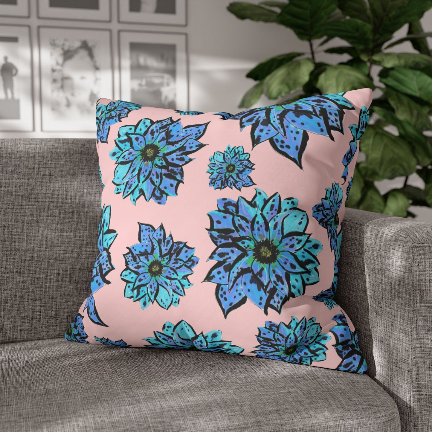 Blue Dahlia Pillowcase — Floral Pink Poly Canvas Square Throw Pillow Cover