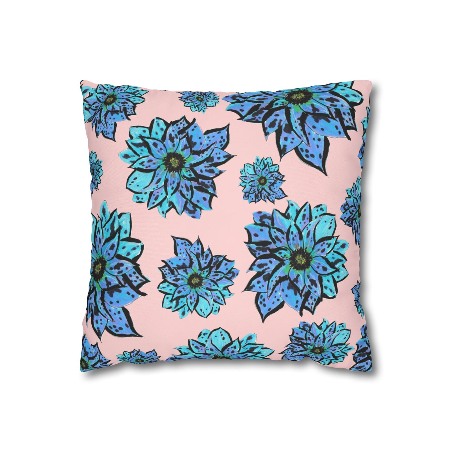Blue Dahlia Pillowcase — Floral Pink Poly Canvas Square Throw Pillow Cover