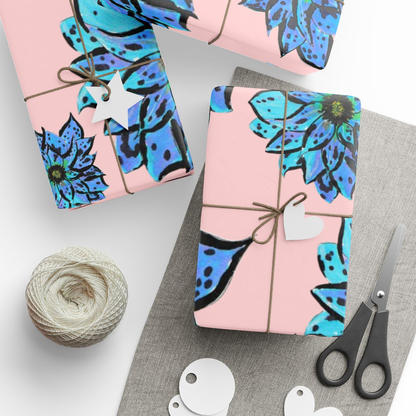 Blue Dahlia Wrapping Paper — Pink Background Gift Wrap for Birthdays & Mother's Day