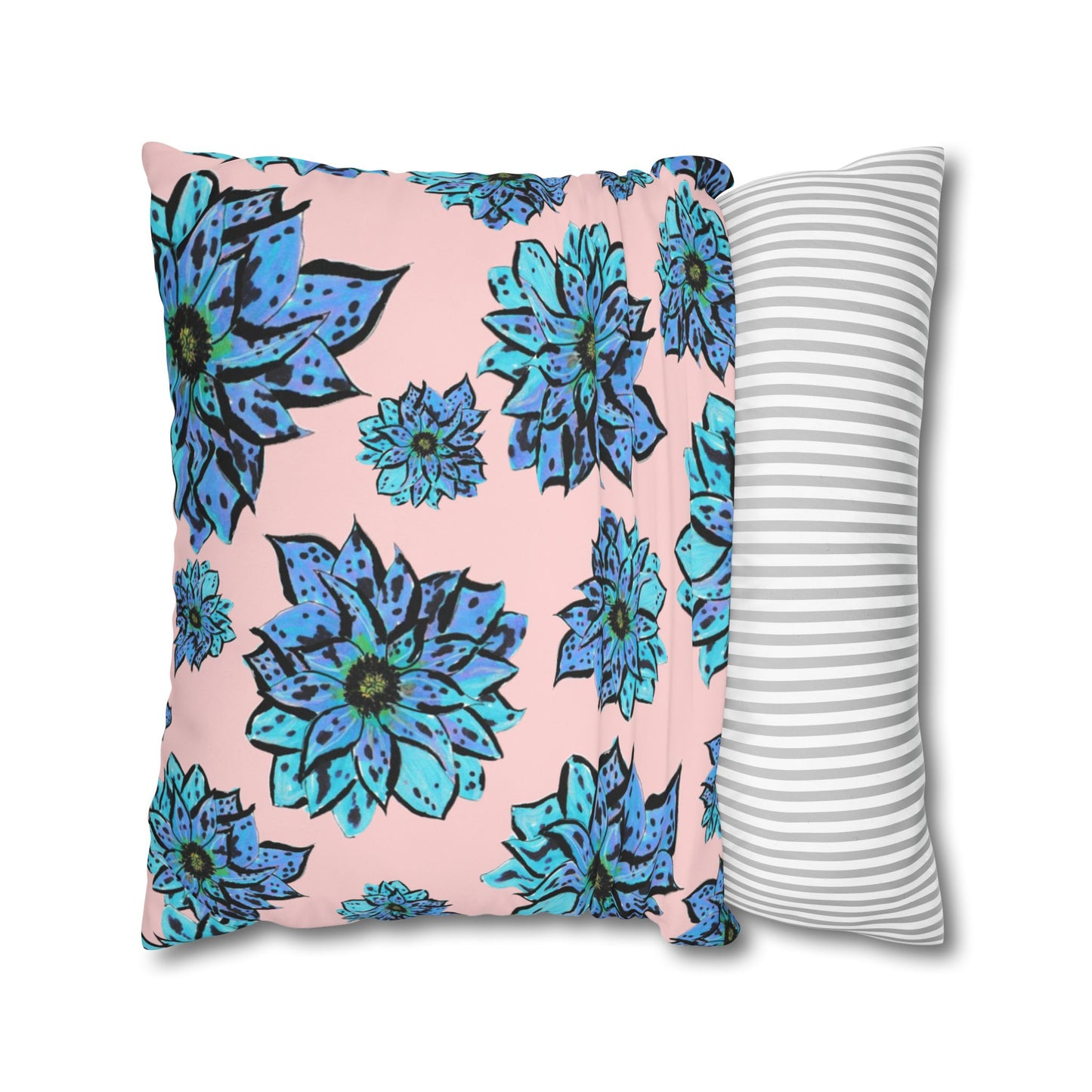 Blue Dahlia Pillowcase — Floral Pink Poly Canvas Square Throw Pillow Cover