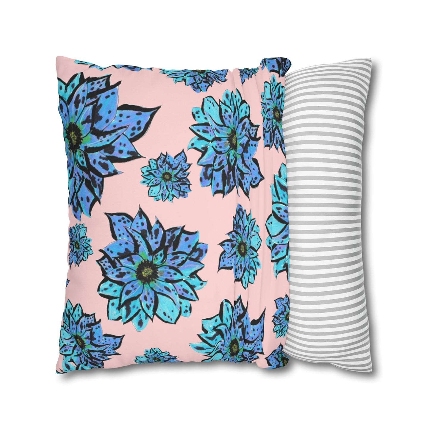 Blue Dahlia Pillowcase — Floral Pink Poly Canvas Square Throw Pillow Cover