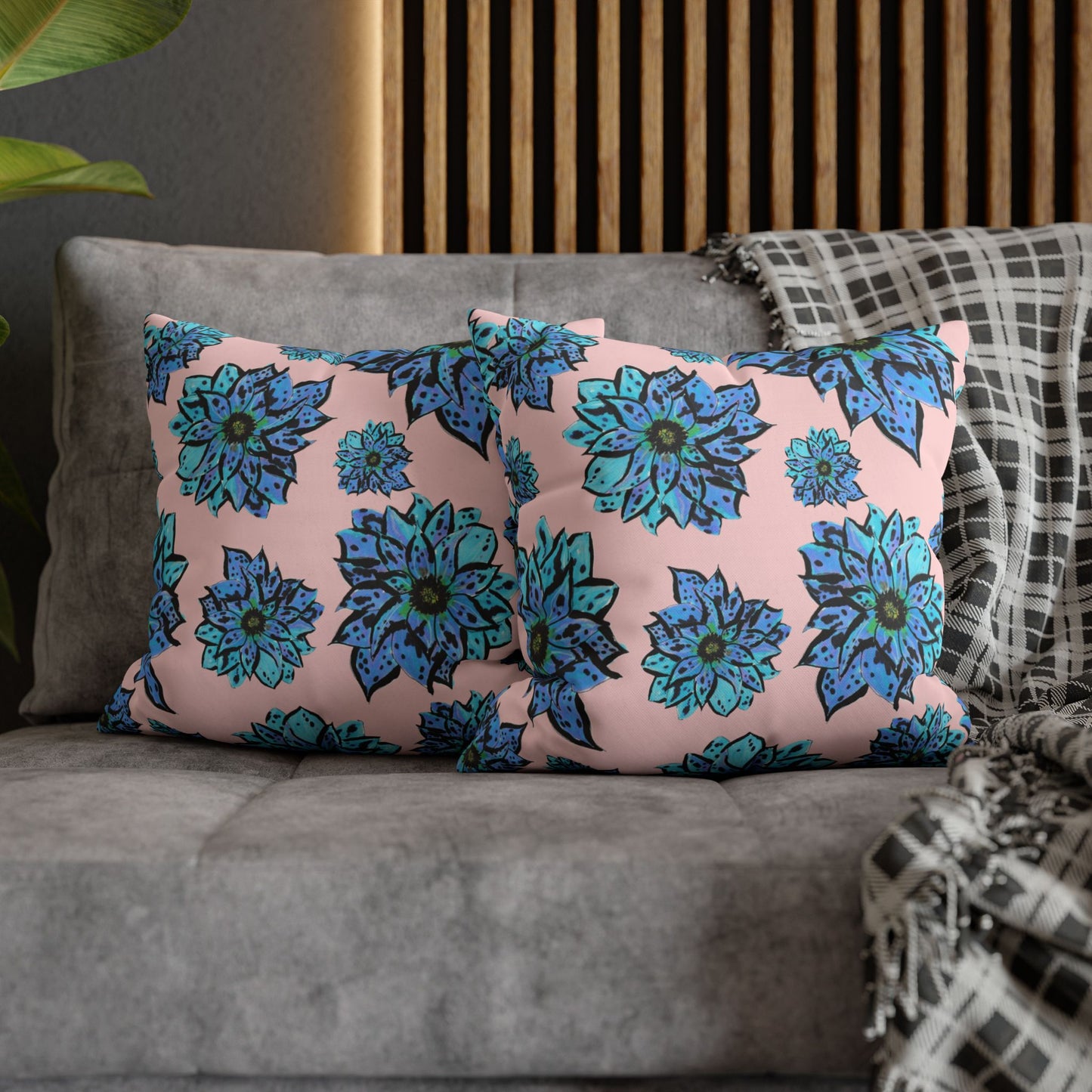 Blue Dahlia Pillowcase — Floral Pink Poly Canvas Square Throw Pillow Cover