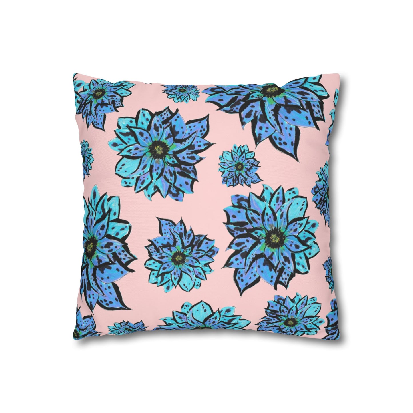 Blue Dahlia Pillowcase — Floral Pink Poly Canvas Square Throw Pillow Cover