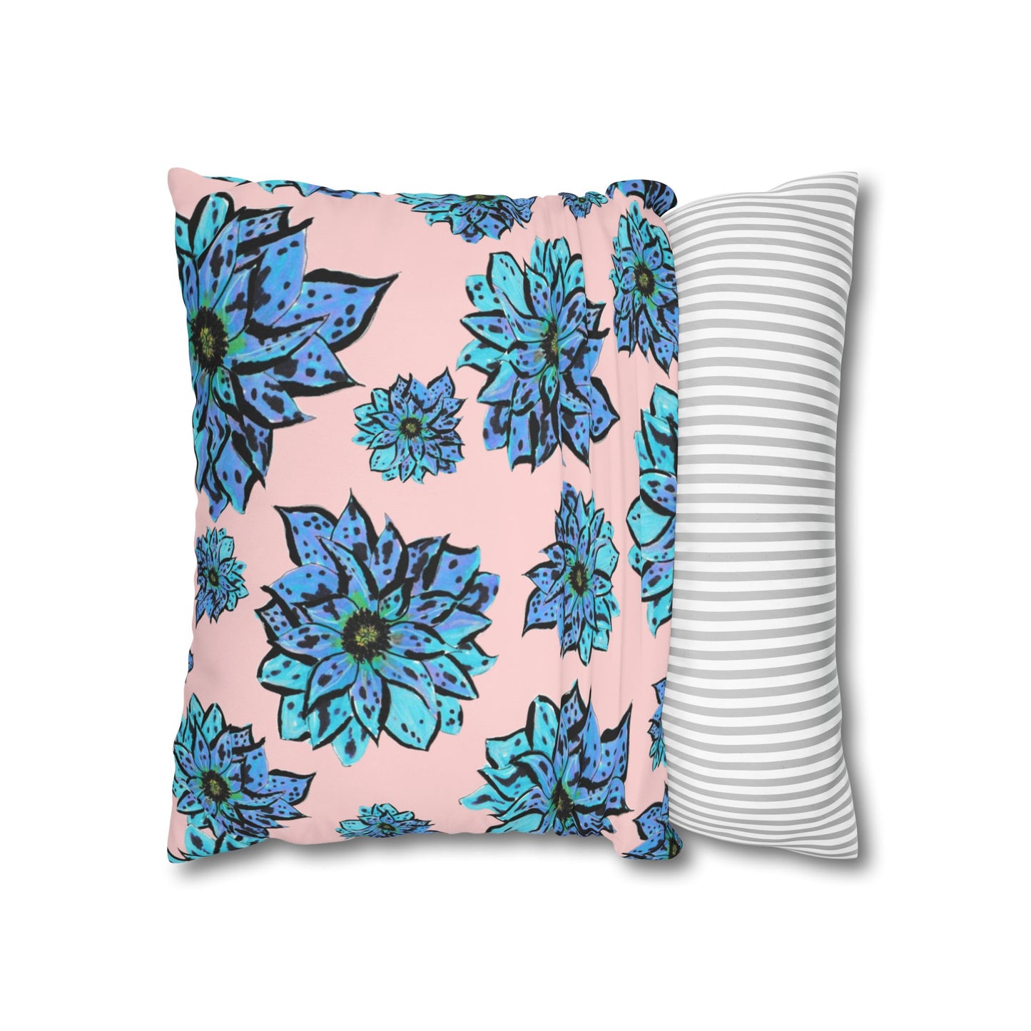 Blue Dahlia Pillowcase — Floral Pink Poly Canvas Square Throw Pillow Cover