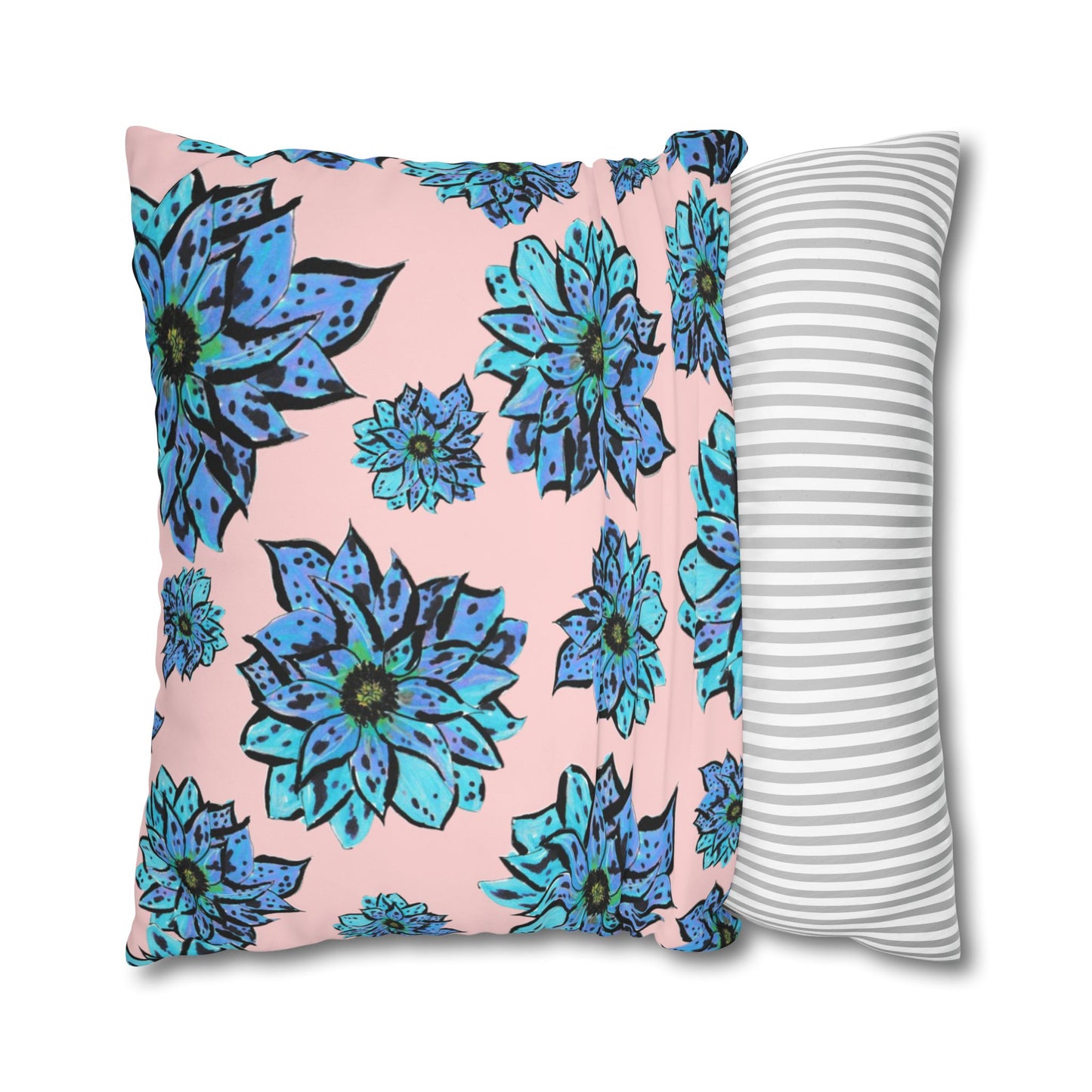 Blue Dahlia Pillowcase — Floral Pink Poly Canvas Square Throw Pillow Cover
